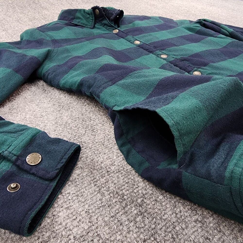 Orvis Shirt Womens Small Blue Green Plaid Fleece Lined Snap Shacket Elbow Patch - Picture 10 of 16